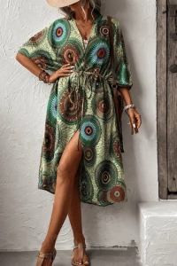 Kadın Kısa Kollu önü Açık Belden Kuşaklı Uzun Kimono
