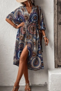 Kadın Kısa Kollu önü Açık Belden Kuşaklı Uzun Kimono