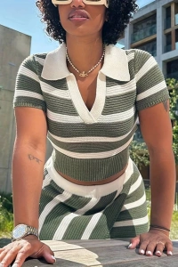 Kadın Kısa Kollu Polo Yaka Crop Asimetrik Mini Triko Etek Ikili Takım