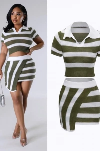 Kadın Kısa Kollu Polo Yaka Crop Asimetrik Mini Triko Etek Ikili Takım