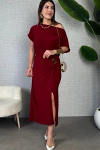 Kadın Kısa Kollu Tek Omuzdan Açık Beli Lastikli Sandy Maxi Elbise