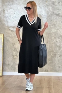 Kadın Kısa Kollu V Yaka Kol Ve Yaka Ribana Detay Midi Boy Viskon Elbise