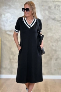 Kadın Kısa Kollu V Yaka Kol Ve Yaka Ribana Detay Midi Boy Viskon Elbise