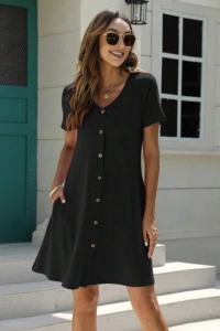 Kadın Kısa Kollu V Yaka önü Düğmeli Viskon Elbise