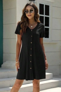 Kadın Kısa Kollu V Yaka önü Düğmeli Viskon Elbise