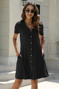 Kadın Kısa Kollu V Yaka önü Düğmeli Viskon Elbise