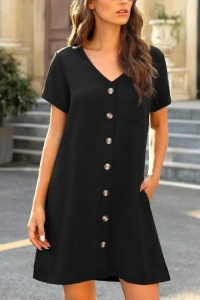 Kadın Kısa Kollu V Yaka önü Düğmeli Viskon Elbise