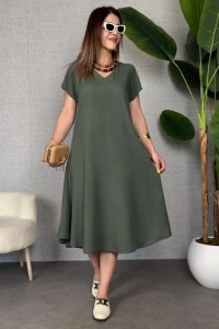 Kadın Kısa Kollu V Yaka Salaş Maxi Boy Elbise
