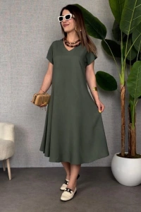 Kadın Kısa Kollu V Yaka Salaş Maxi Boy Elbise