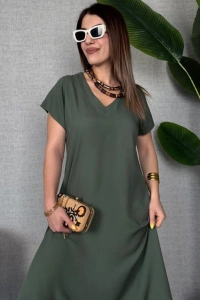 Kadın Kısa Kollu V Yaka Salaş Maxi Boy Elbise