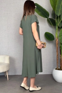 Kadın Kısa Kollu V Yaka Salaş Maxi Boy Elbise