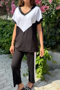 Kadın Kısa Kollu V Yaka Siyah Beyaz Renkli Viskon Iki Iplik Kumaş Eşofman Takımı