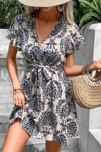 Kadın Kısa Kollu V Yakalı Beli Kuşaklı Desenli Sofya Elbise