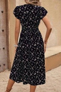 Kadın Kısa Kollu V Yakalı Beli Lastikli çiçek Desenli Süprem Elbise