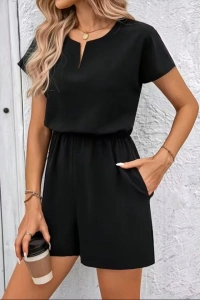 Kadın Kısa Kollu V Yakalı Beli Lastikli Kısa Ithal Krep Tulum