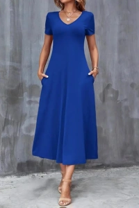 Kadın Kısa Kollu V Yakalı Cepli Viskon Elbise