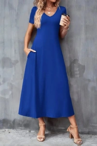 Kadın Kısa Kollu V Yakalı Cepli Viskon Elbise