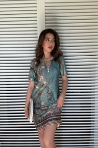 Kadın Kısa Kollu V Yakalı çiçek Baskılı Midi Süprem Elbise