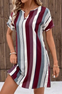 Kadın Kısa Kollu V Yakalı çizgi Baskılı Süprem Elbise