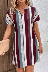 Kadın Kısa Kollu V Yakalı çizgi Baskılı Süprem Elbise