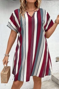 Kadın Kısa Kollu V Yakalı çizgi Baskılı Süprem Elbise