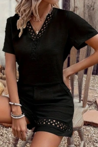 Kadın Kısa Kollu V Yakalı Dantel Detaylı Bürümcük Bluz Ve Short Ikili Takım