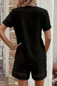 Kadın Kısa Kollu V Yakalı Dantel Detaylı Bürümcük Bluz Ve Short Ikili Takım