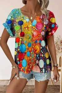 Kadın Kısa Kollu V Yakalı Desenli Süprem Bluz