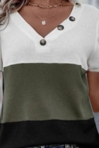 Kadın Kısa Kollu V Yakalı Düğmeli Waffle Bluz