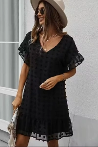 Kadın Kısa Kollu V Yakalı Kısa Puantıyeli şifon Elbise