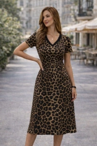 Kadın Kısa Kollu V Yakalı Leopar Desenli Kısa Süprem Elbise