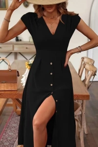 Kadın Kısa Kollu V Yakalı önden Düğmeli Midi Dokuma Viskon Elbise