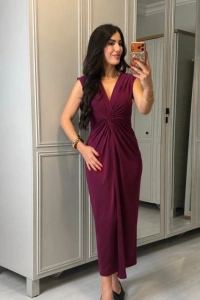 Kadın Kısa Kollu V Yakalı önü Sarmal Detaylı Yırtmaçlı Sandy Midi Elbise