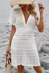 Kadın Kısa Kollu V Yakalı örme Triko Elbise