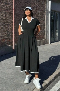 Kadın Kısa Kollu V Yakalı Pileli Uzun Janjan Krep Elbise