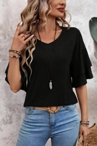 Kadın Kısa Kollu V Yakalı Viskon Bluz