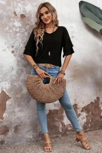 Kadın Kısa Kollu V Yakalı Viskon Bluz