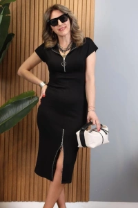 Kadın Kısa Kollu Yakadan Ve Eteği Fermuarlı Viskon Iki Iplik Midi Elbise