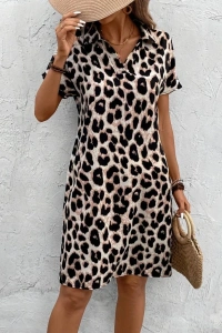 Kadın Kısa Kollu Yakalı Leopar Desenli Süprem Elbise