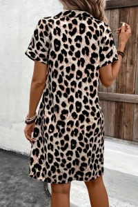 Kadın Kısa Kollu Yakalı Leopar Desenli Süprem Elbise