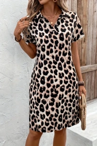 Kadın Kısa Kollu Yakalı Leopar Desenli Süprem Elbise