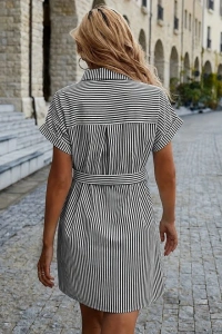 Kadın Kısa Kollu Yakalı önden Düğmeli Beli Kuşaklı Trikoton Elbise