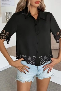 Kadın Kısa Kollu Yakalı önden Düğmeli Dubai Gömlek Bluz