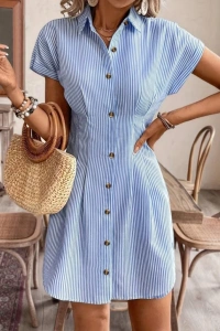 Kadın Kısa Kollu Yakalı önden Düğmeli Kısa Trikoton Elbise