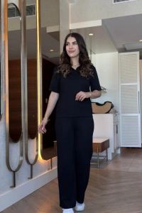 Kadın Kısa Kollu Yakalı Viskon Iki Iplik Bluz Ve Pantolon Ikili Takım