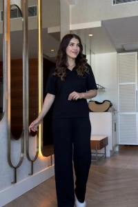 Kadın Kısa Kollu Yakalı Viskon Iki Iplik Bluz Ve Pantolon Ikili Takım