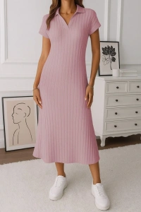 Kadın Kısa Kollu Yakalı Yandan Yırtmaçlı Kalın Fitilli Kaşkorse Elbise