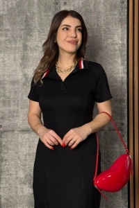 Kadın Kısa Kollu Yakalı Yırtmaçlı Midi Viskon Iki Iplik Elbise