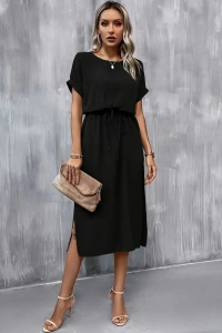 Kadın Kısa Kollu Yakası Açık Belden Bağlamalı Yırtmaçlı Viskon Elbise