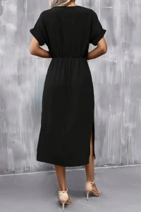 Kadın Kısa Kollu Yakası Açık Belden Bağlamalı Yırtmaçlı Viskon Elbise